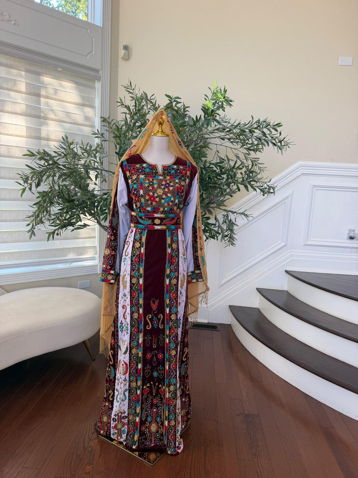 Elegant Burgundy Velvet Thobe with Colorful Embroidery and Matching Skirt included (scarf not included)