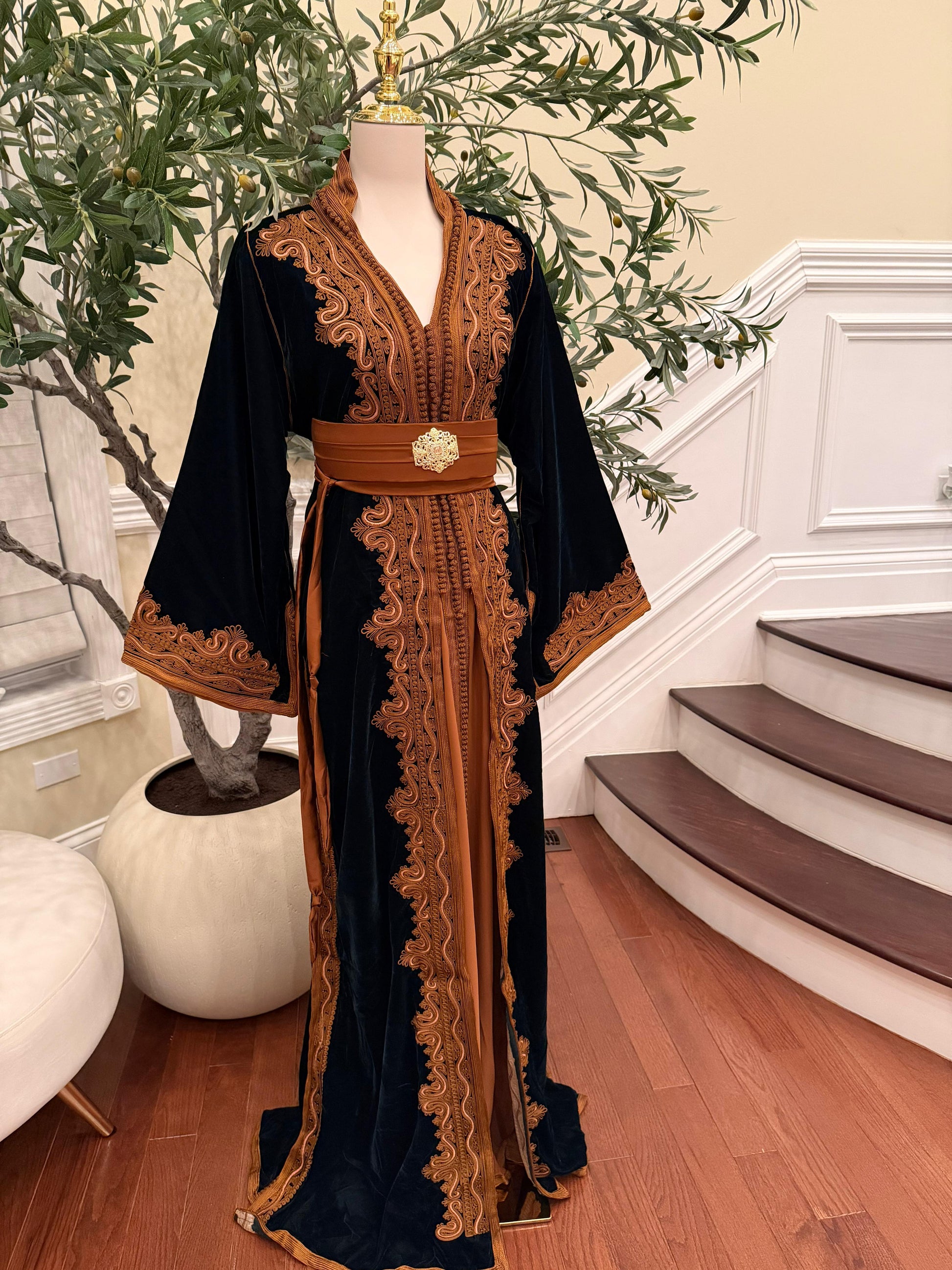 Forest Emerald Green Whisper Velvet Kuftan Brown Embroidery