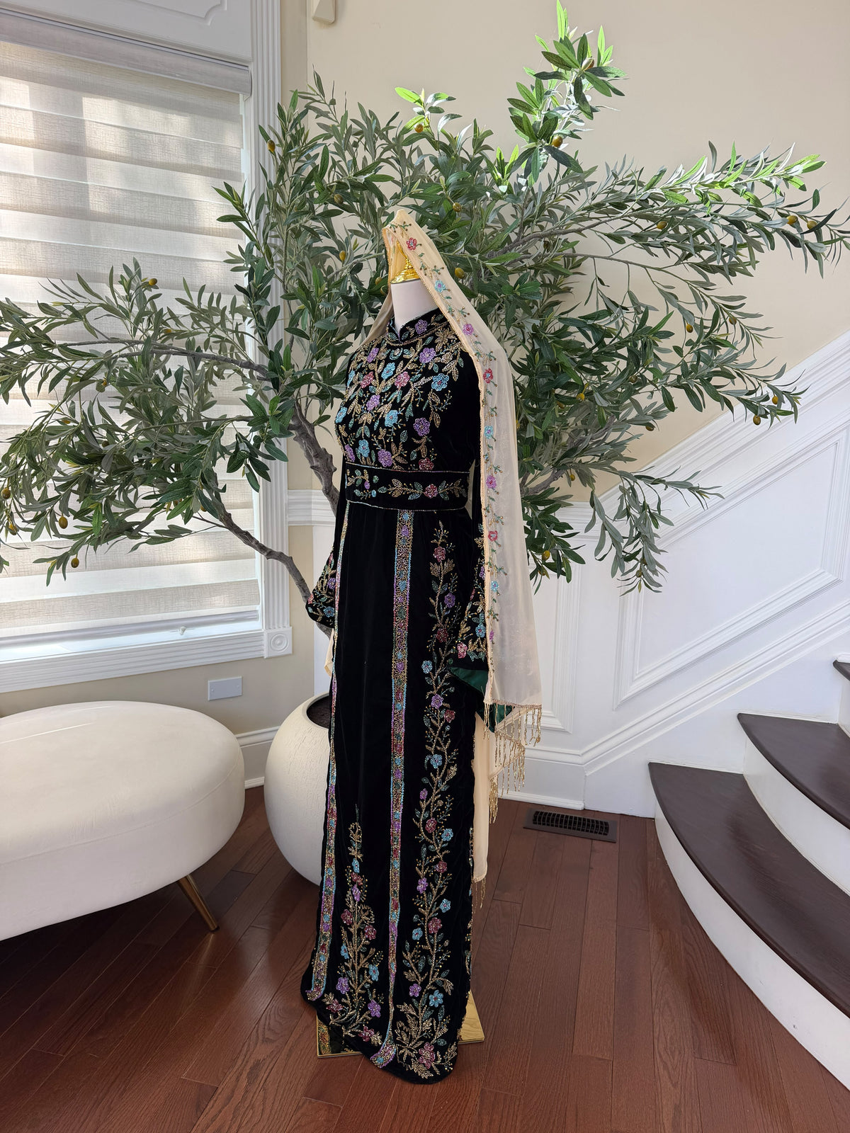Elegant Black Velvet Thobe with Multicolor Floral Embroidery(scarf not included)