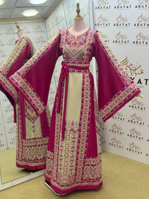 Palestinian Heritage Embroidered Thobe – Magenta & Ivory