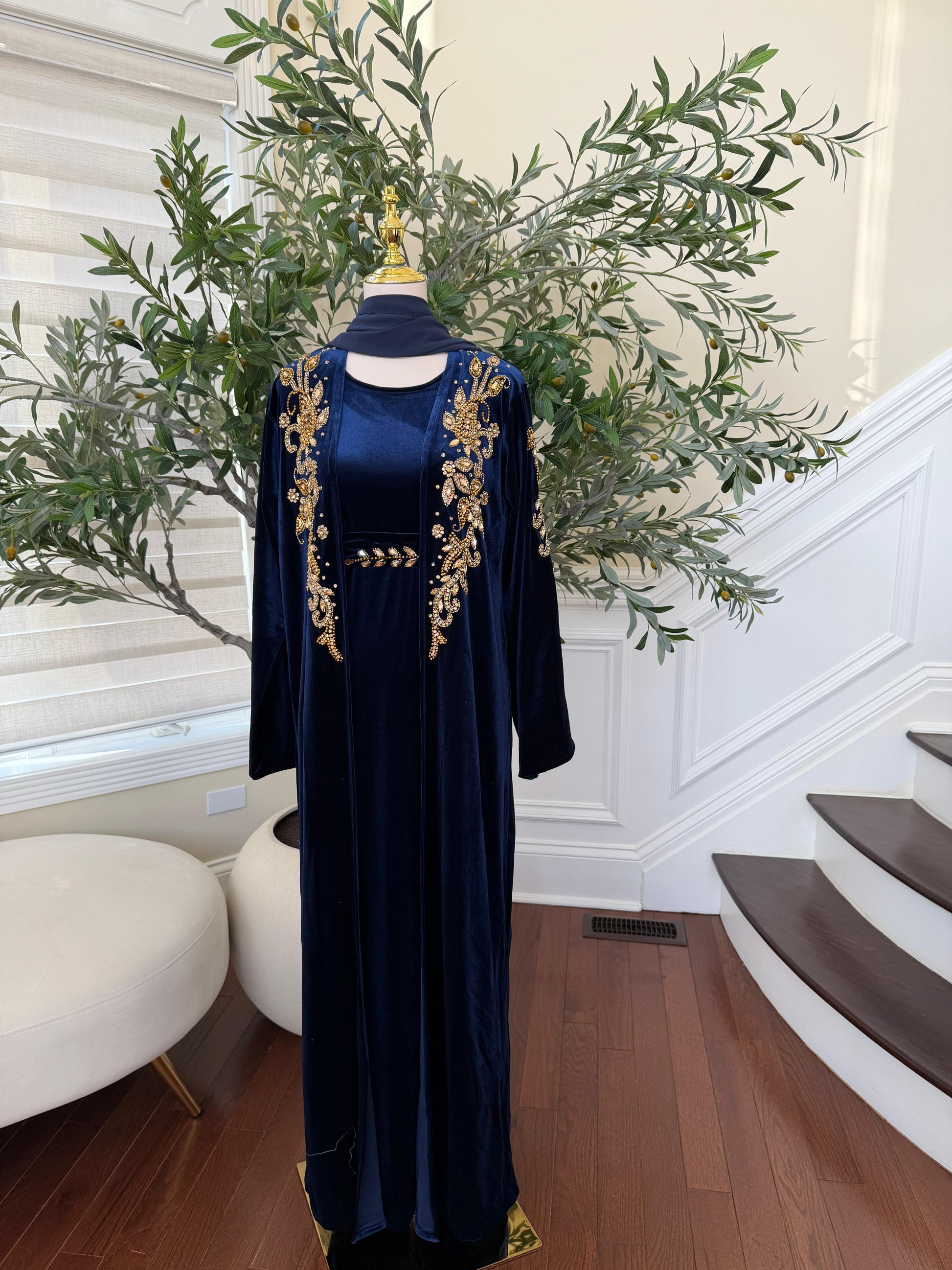 Navy Blue Golden Two Piece Charm Abaya