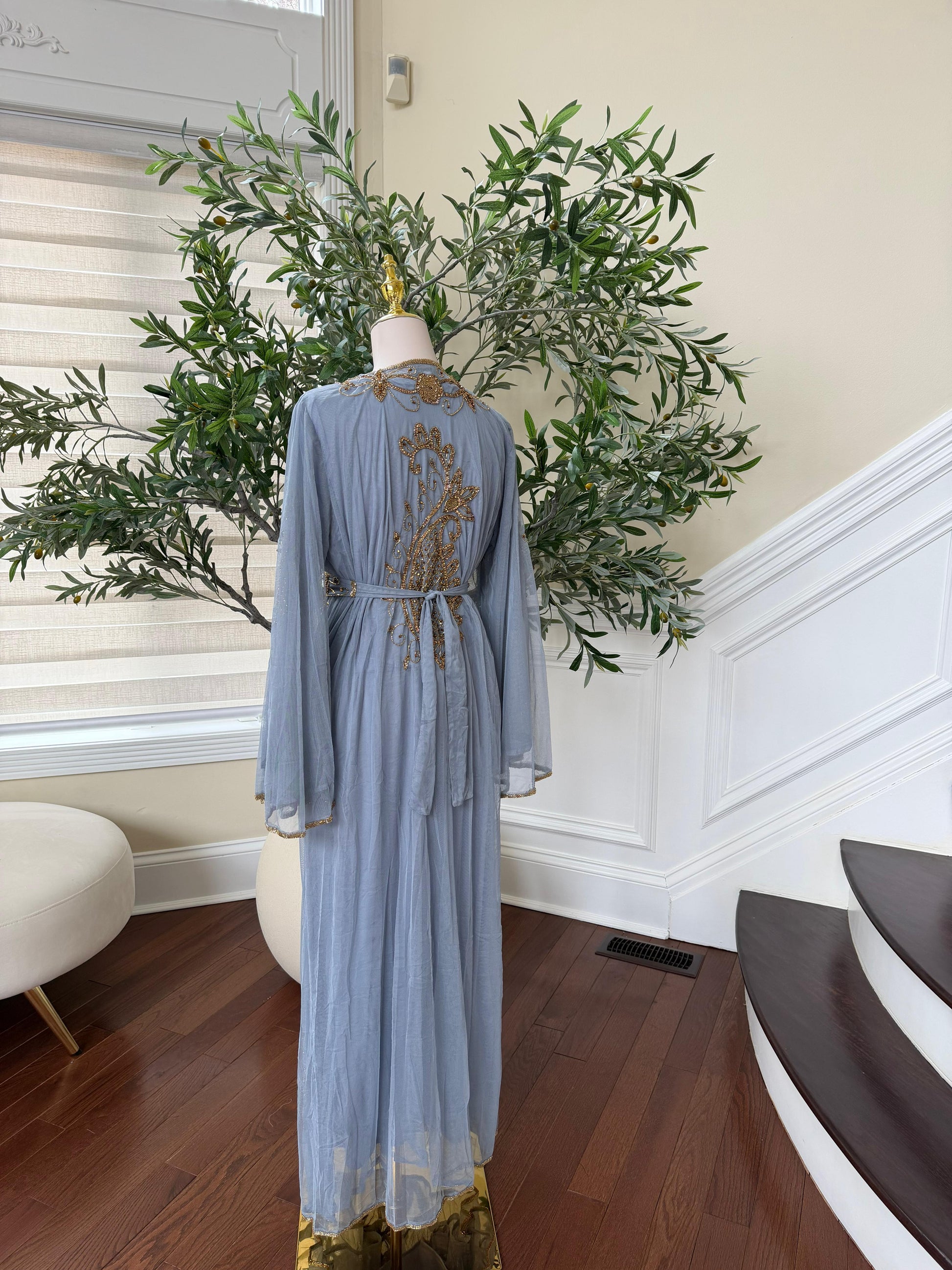 Baby Blue Golden Stone Cardigan Abaya