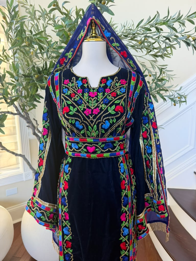 Elegant Navy Blue Velvet Palestinian Thobe with Vibrant Multicolor Floral Embroidery(scarf not included)