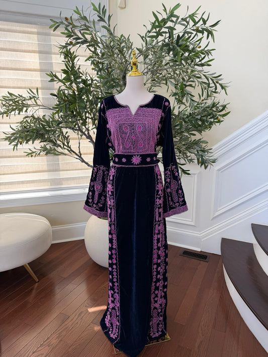 Navy Blue Velvet Pink Stone Thobe