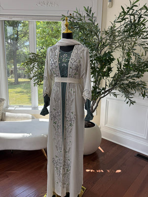 White Two Piece Beaded Abaya