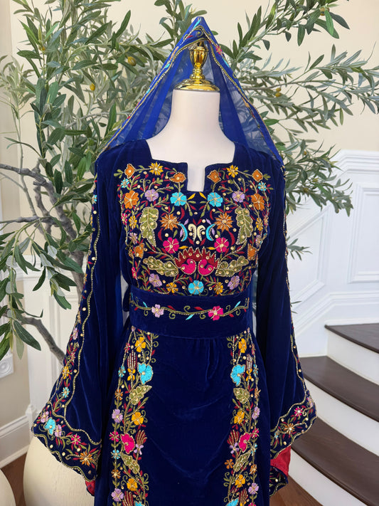 Midnight Blue Velvet Thobe with Intricate Multicolor Embroidery(scarf not included)