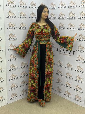 Traditional Palestinian Embroidered Thobe – Vibrant Floral Pattern with Green Waist Belt