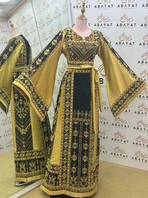 Luxury Palestinian Embroidered Thobe – Mustard Gold Traditional Design
