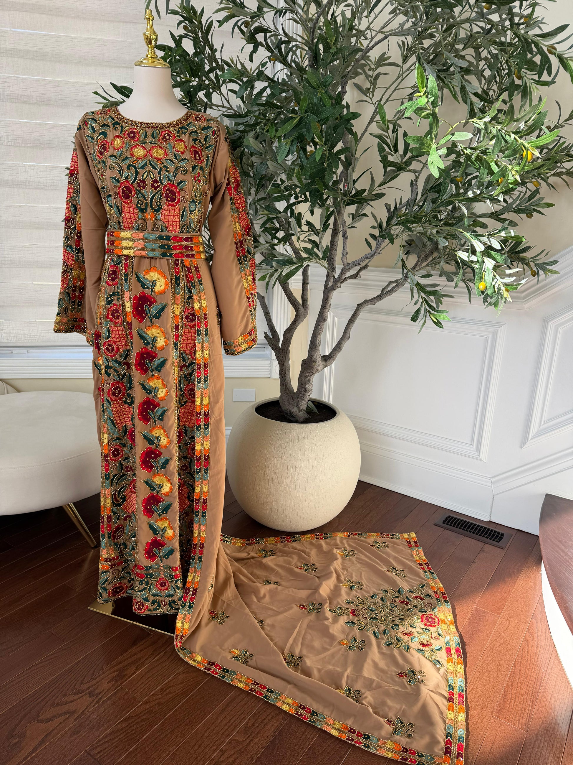 Tan Luxury Heavy Beaded Velvet Thobe