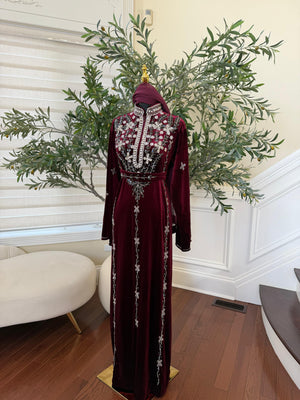 Burgundy Red Crystal Velvet Detailing Abaya