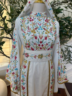 Elegant White Floral Embroidered Palestinian Thobe with Gold Detailing(scarf not included)