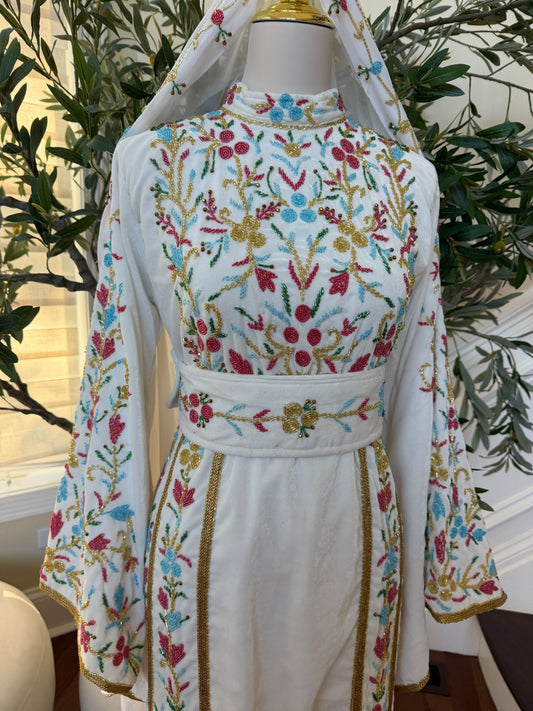 Elegant White Floral Embroidered Palestinian Thobe with Gold Detailing(scarf not included)