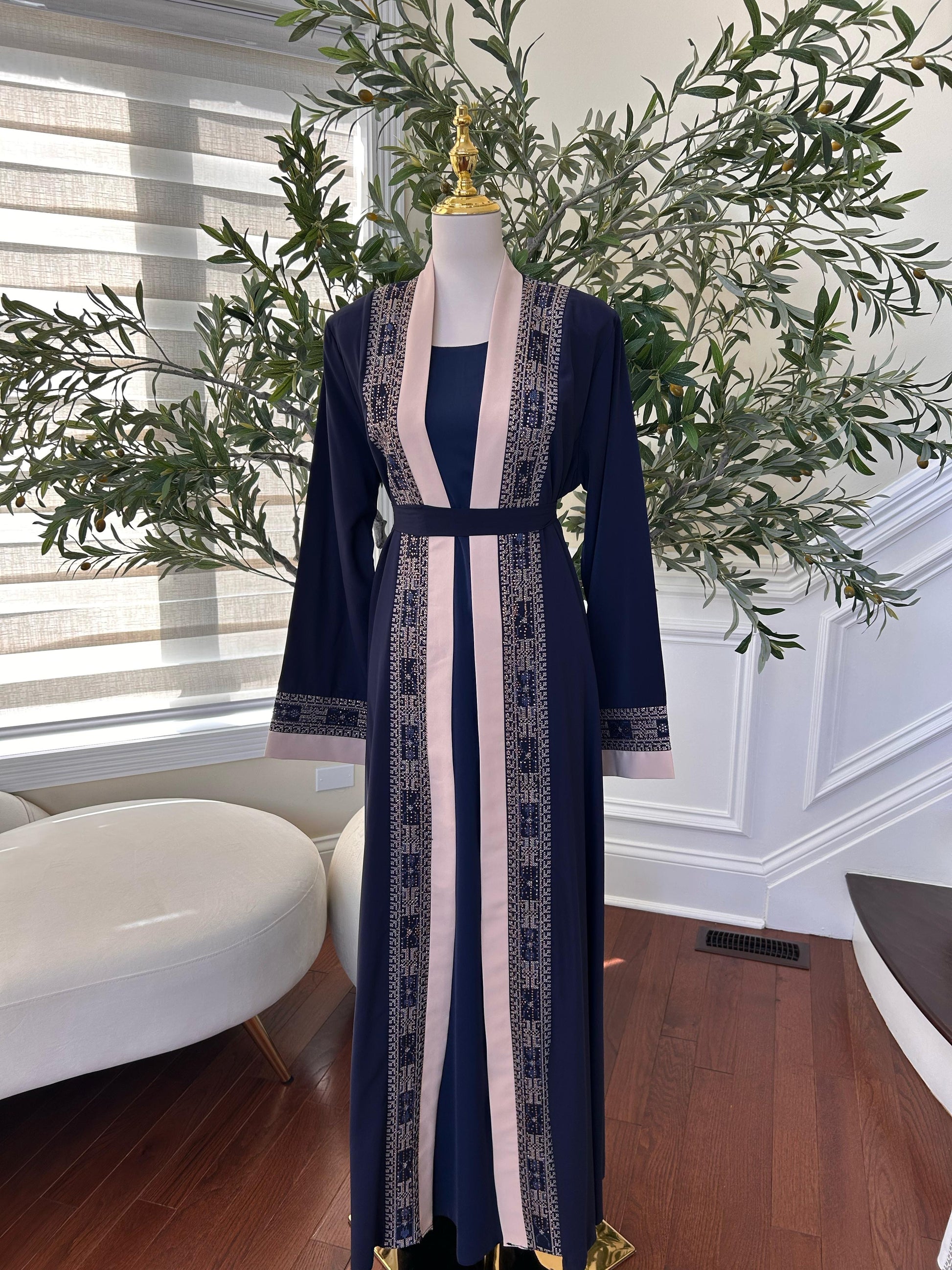 Blue Tatreez Beaded Two Piece Abaya