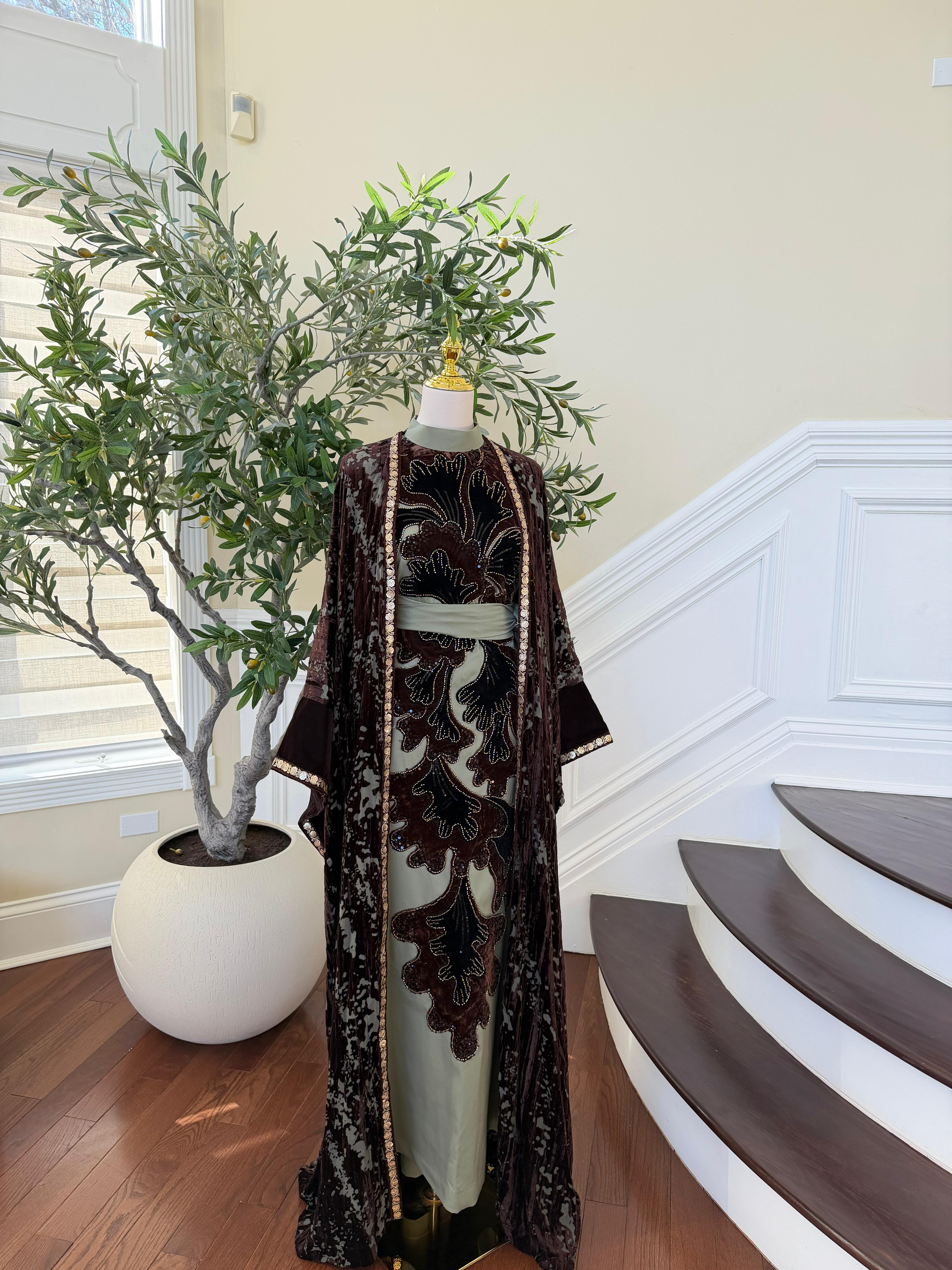 Olive Green Brown Two Piece Abaya