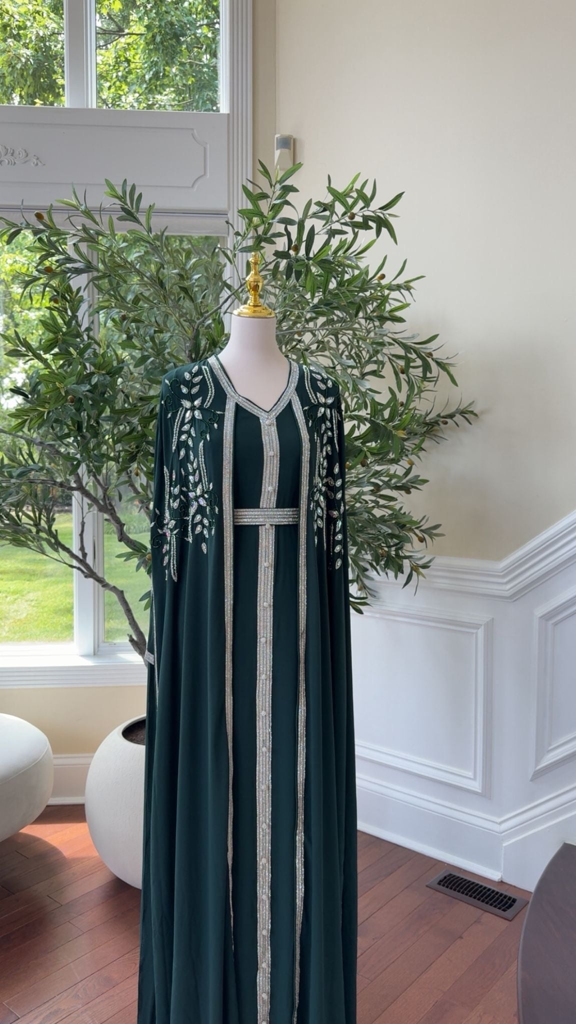 Emerald Green Embellished Chiffon Kaftan Crystal Vine Detail
