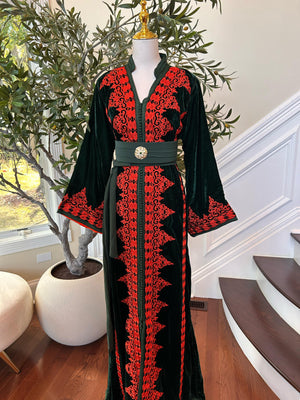 Green Velvet Embellished Red Kuftan