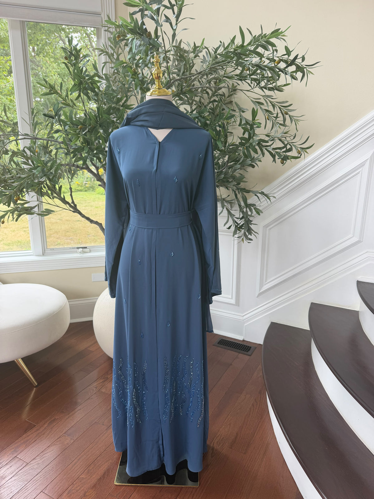 Blue Elegance Charm Beaded Nade Fabric Abaya