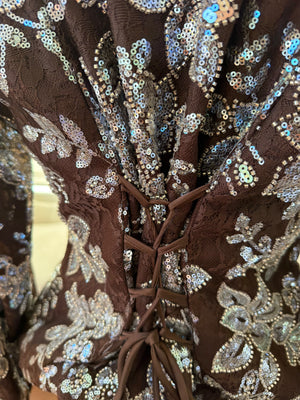 Elegant Chocolate Brown Gown with Silver Floral Embroidery