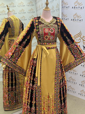 Premium Palestinian Malakah Thobe – Gold Satin & Black Velvet Embroidery