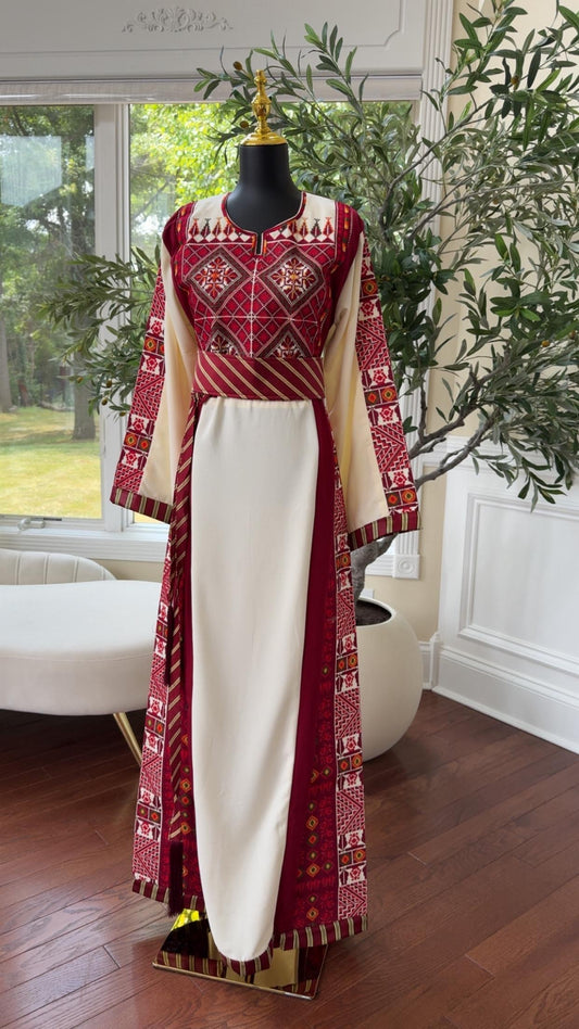 Embroidery Red Tatreez Off White Thobe