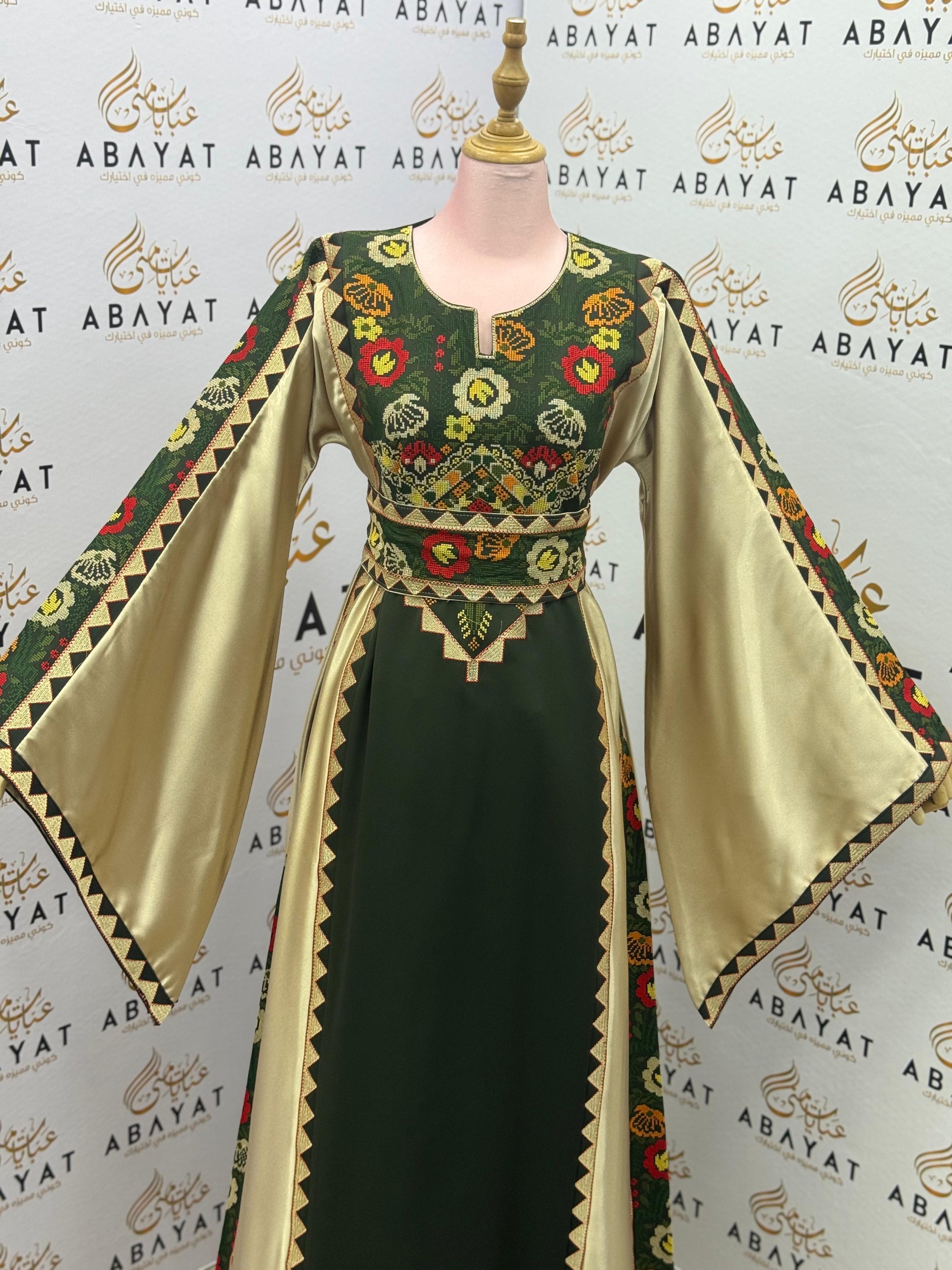 Olive Green & Gold Palestinian Embroidery Thobe – Floral Heritage Design A09082025