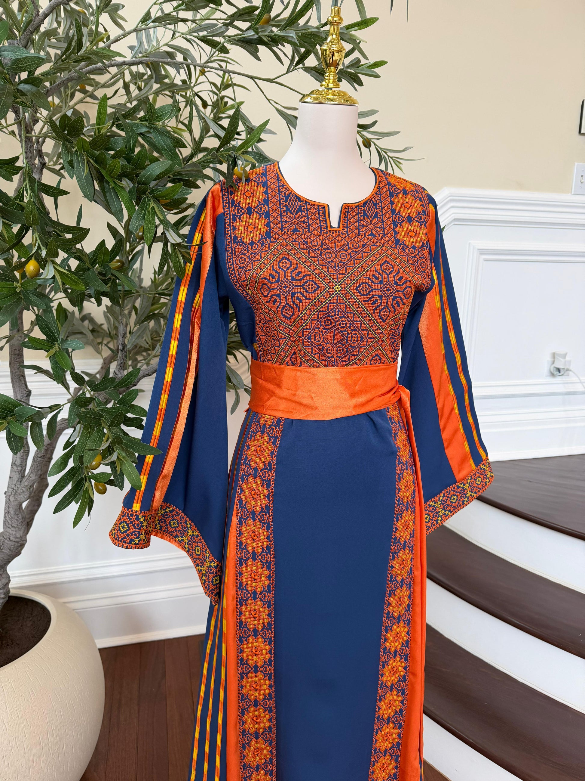 Navy Blue Embroidery Tatreez Orange Thobe