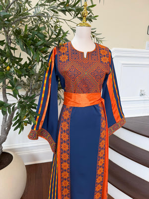 Navy Blue Embroidery Tatreez Orange Thobe