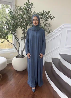 Blue Beaded Nada Fabric Charm Abaya