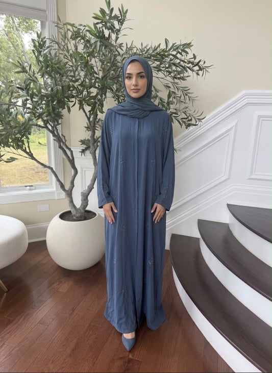 Blue Beaded Nada Fabric Charm Abaya