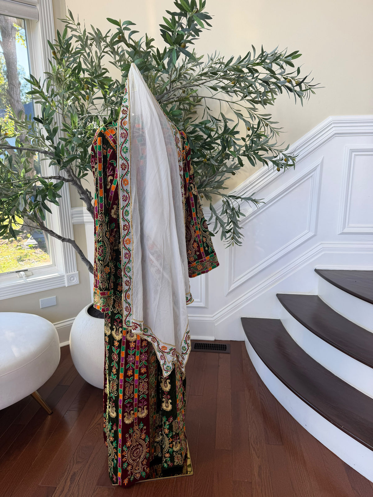 Elegant Black Velvet Thobe with Vibrant Multicolor Traditional Embroidery(scarf not included)
