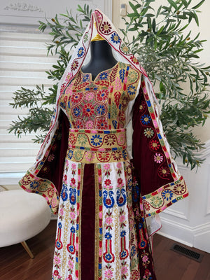 Velvet Maroon and White Traditional Tatreez Sabal Kharaz Detail Thobe