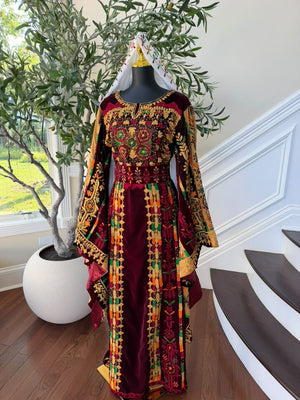 Burgundy Velvet Embroidery Tatreez Thobe