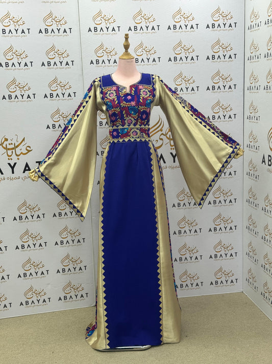 Traditional Palestinian Thobe in Royal Blue with Gold Accents and Multicolor Tatreez