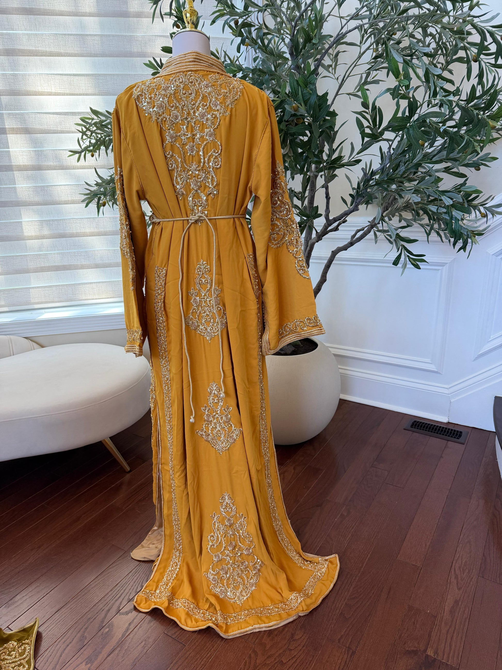 Yellow Embroidery Beaded Kuftan