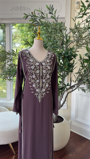 Modest Purple Kaftan with Elegant Floral Beading