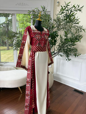 Embroidery Red Tatreez Off White Thobe