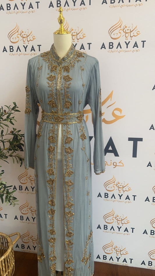 Golden Baby Blue Two Piece Cardigan Abaya