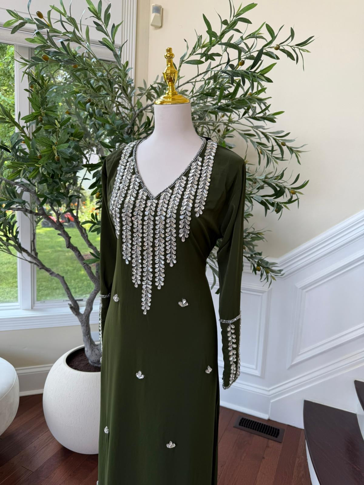 Olive Forest Bloom – Modest Kaftan with Hand-Embellished Neck & Sleeves