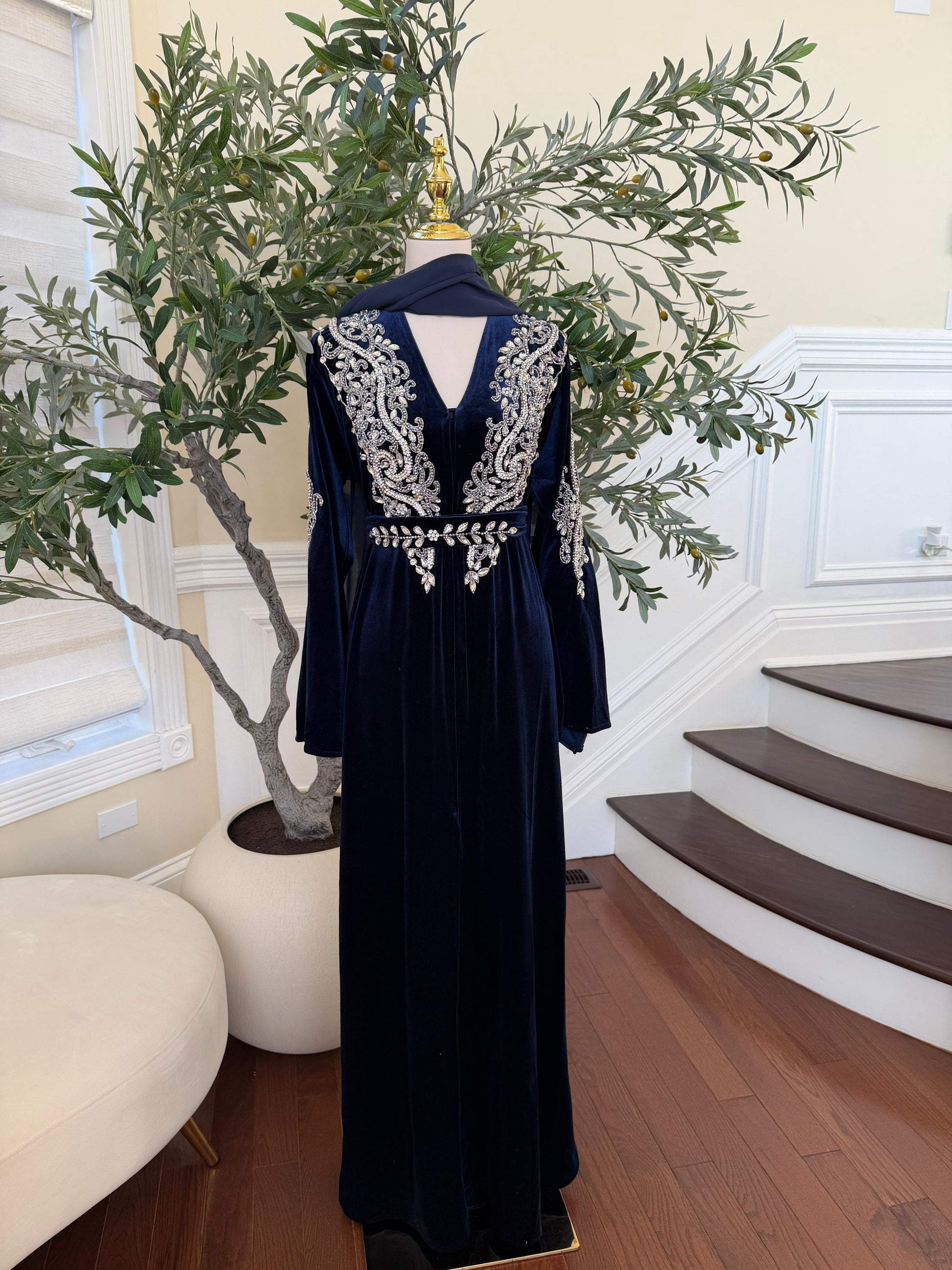 Navy Blue Velvet Beaded Stone Charm Abaya