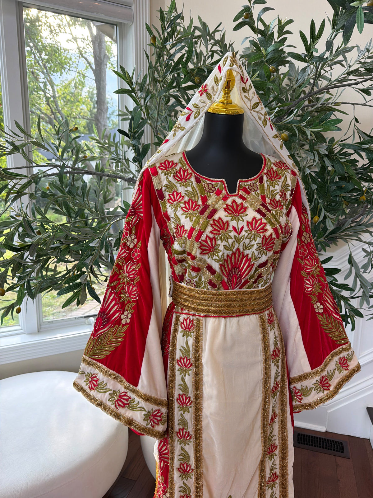 Elegant Cream and Red Thobe with Gold Floral Embroidery(scarf not included)