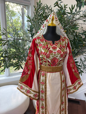 Elegant Cream and Red Thobe with Gold Floral Embroidery(scarf not included)