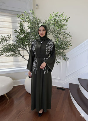 Green Floral Silver Stone Abaya
