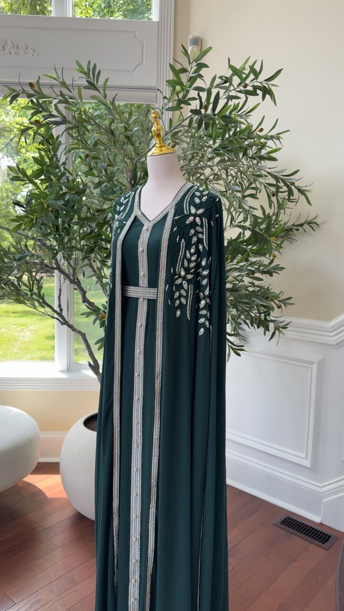 Emerald Green Embellished Chiffon Kaftan Crystal Vine Detail