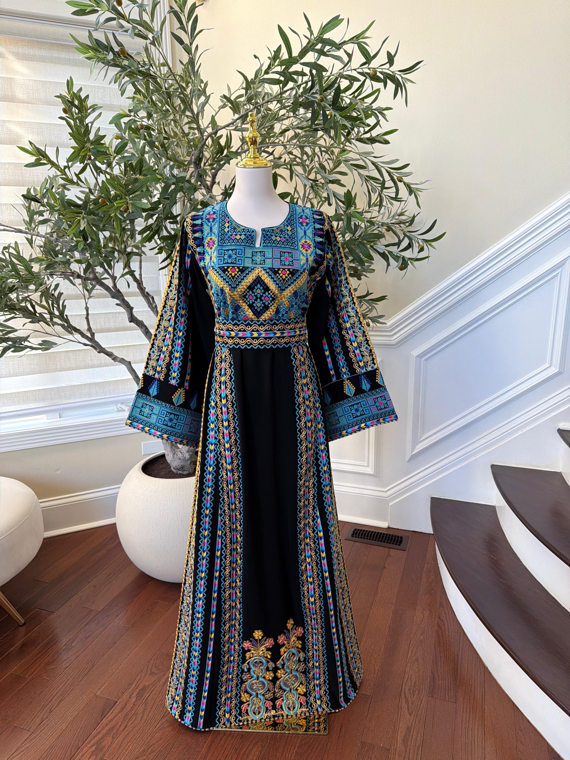Black Embroidery Tatreez Traditional Blue Thobe