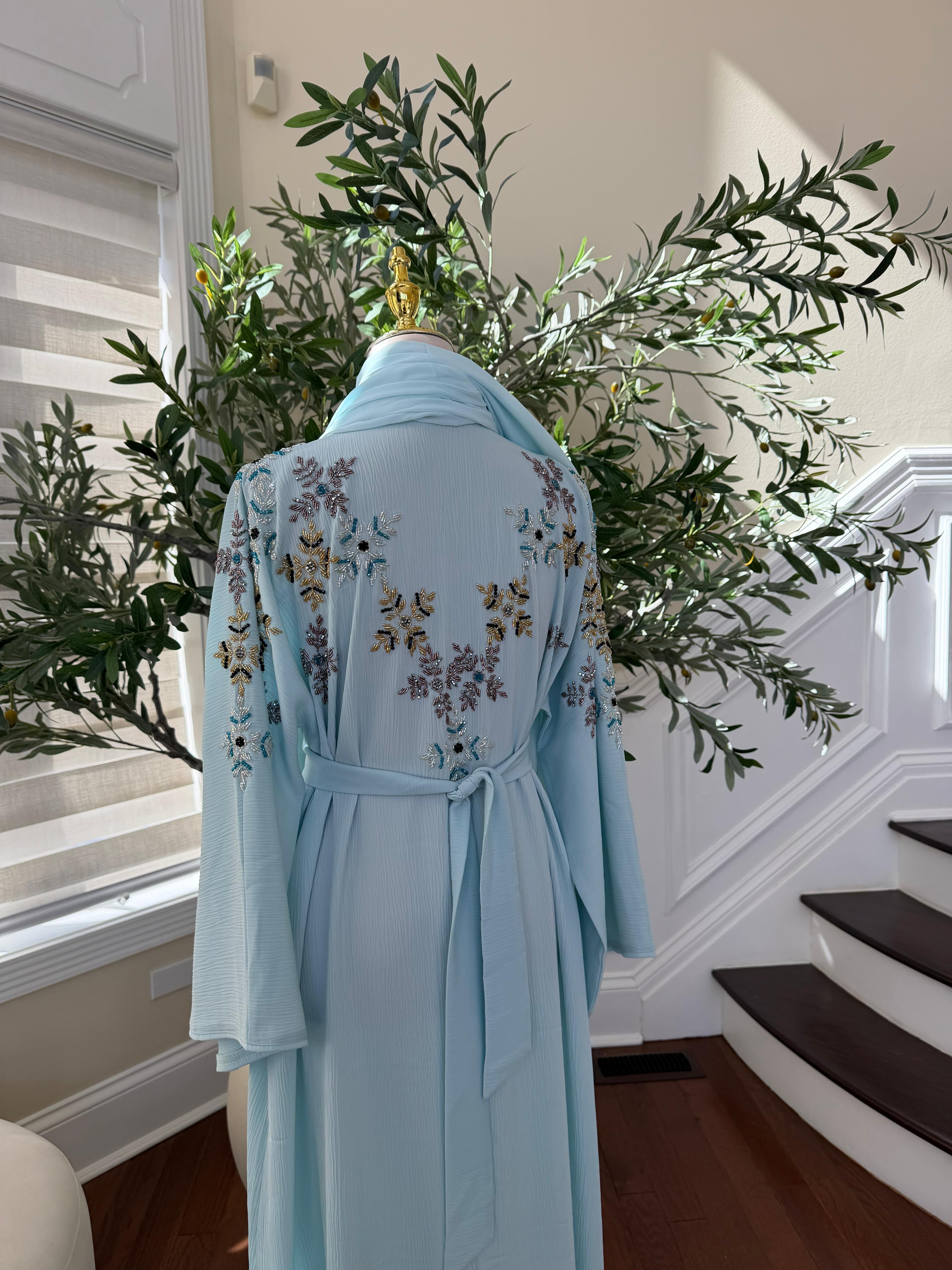 Baby Blue Floral Sequin Abaya