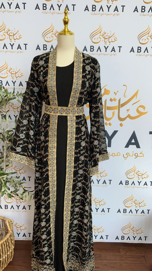 Floral Blue Black Two Piece Cardigan Abaya