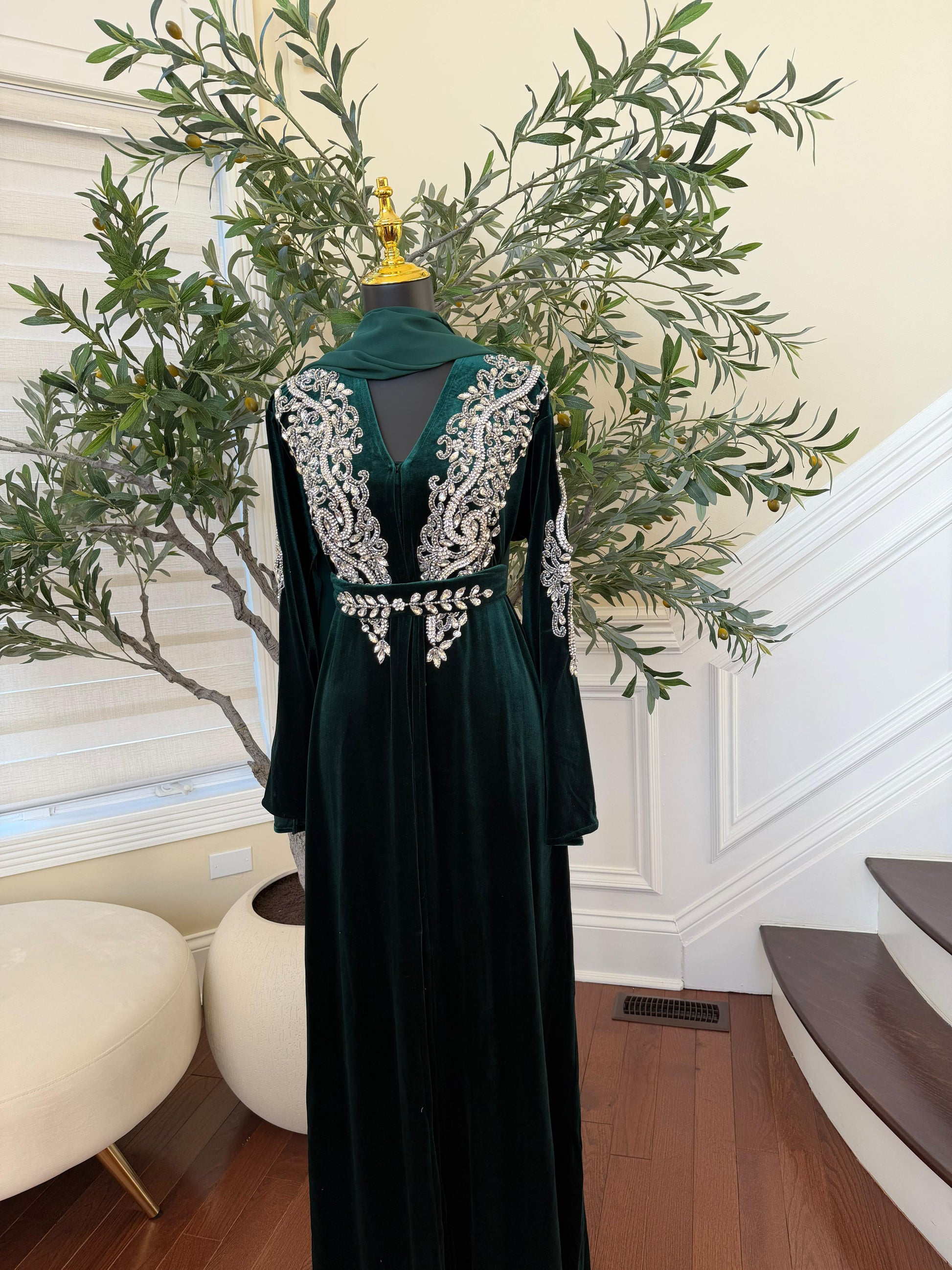 Green Velvet Stone Charm Abaya