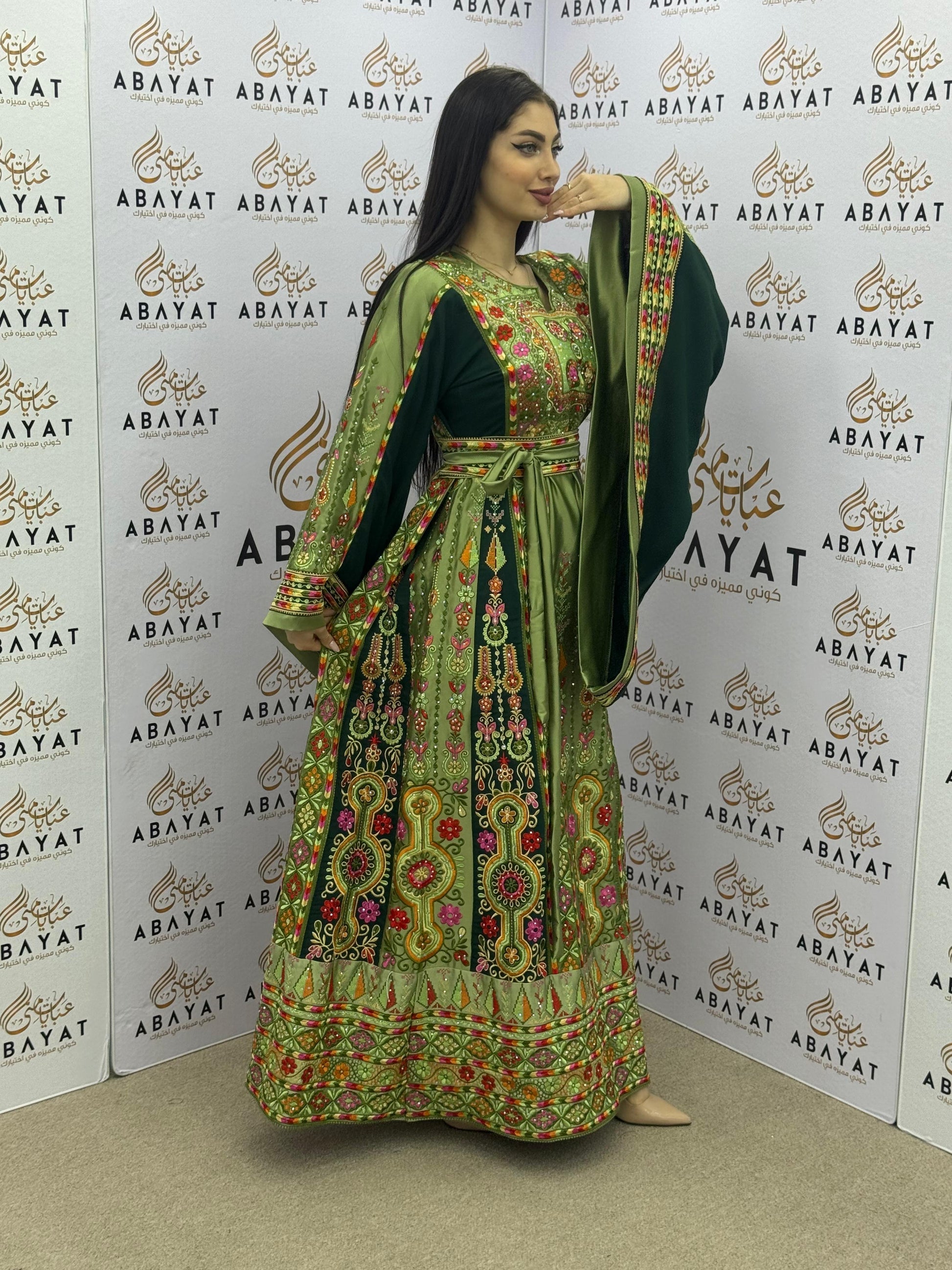 Green Palestinian Embroidered Thobe | Colorful Traditional Design A09092025
