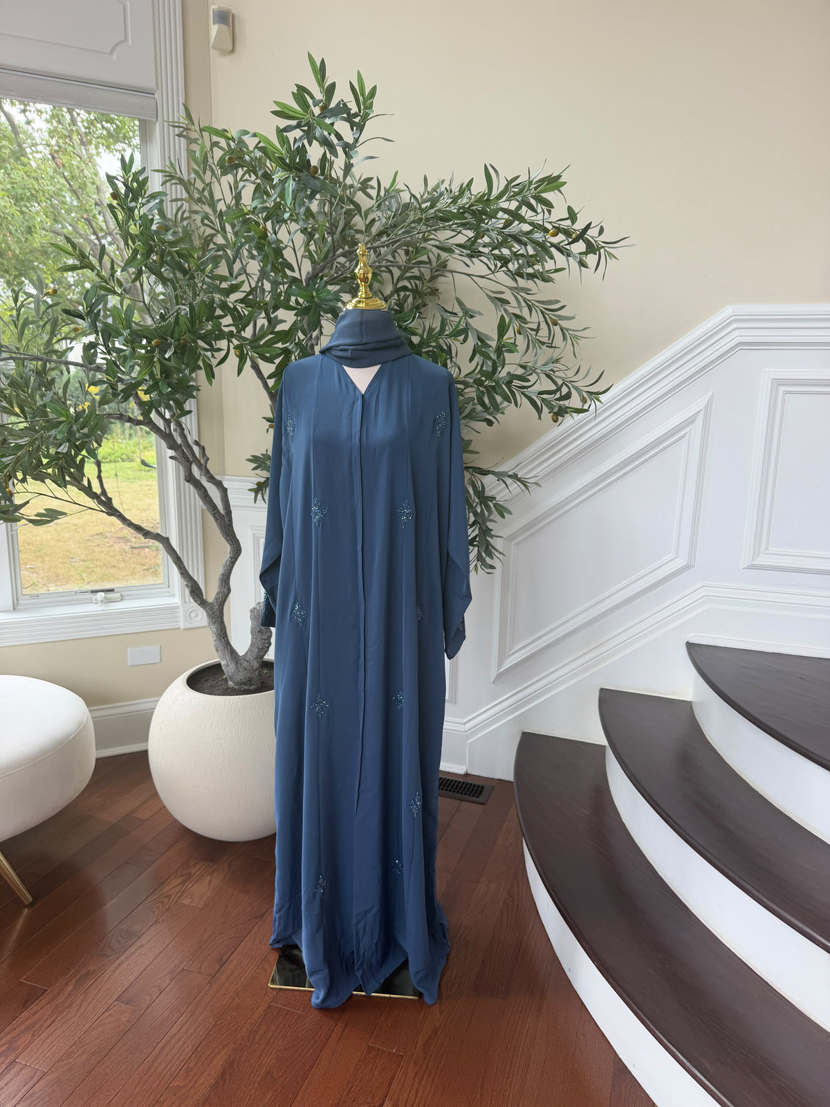 Blue Beaded Nada Fabric Charm Abaya