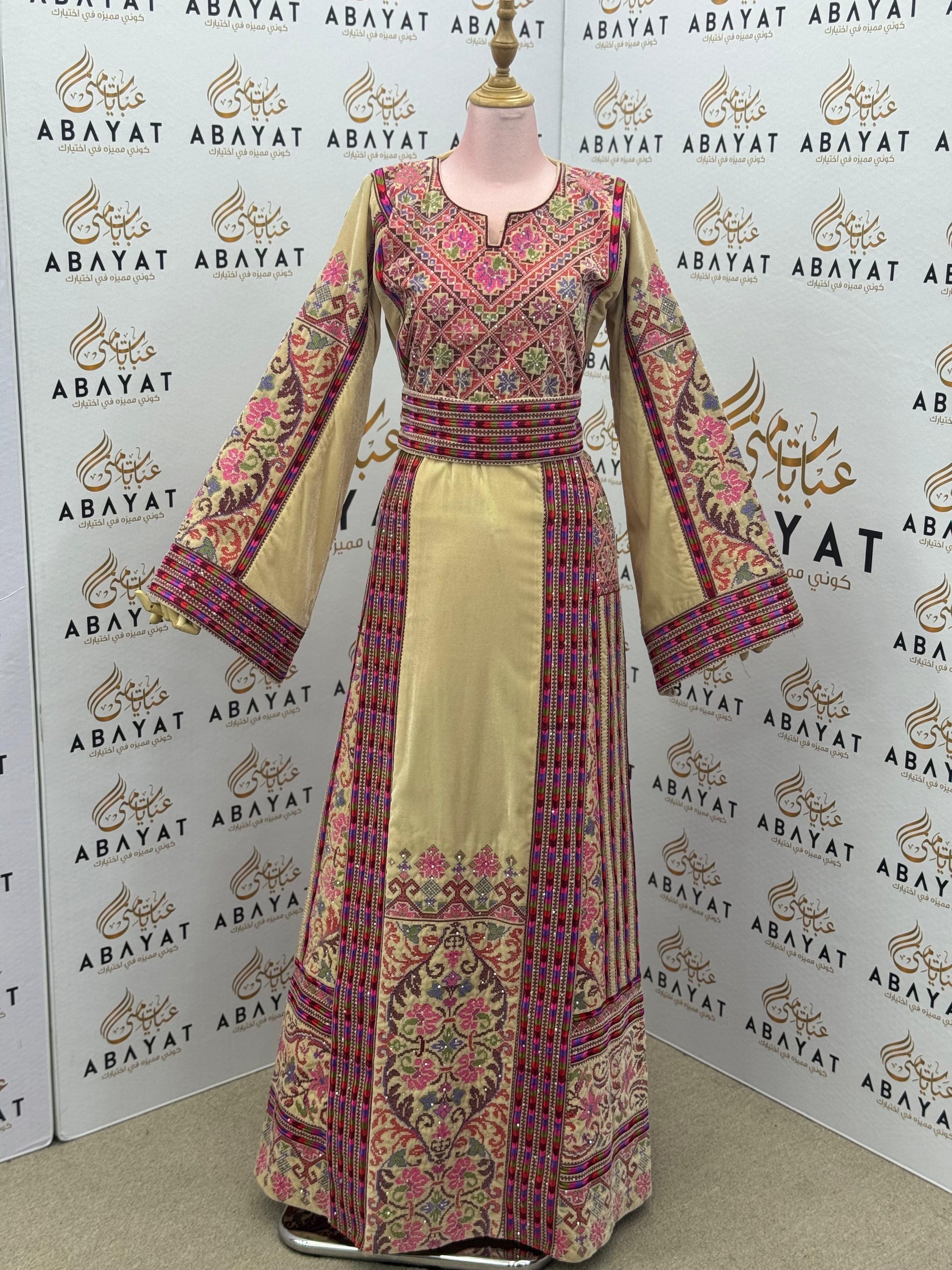 Beige & Pink Palestinian Embroidered Thobe – Classic Tatreez Heritage Dress A09042025